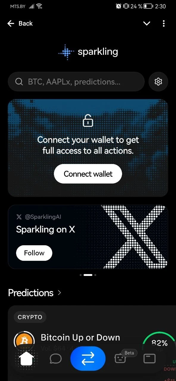 Écran d'accueil de l'application Sparkling.