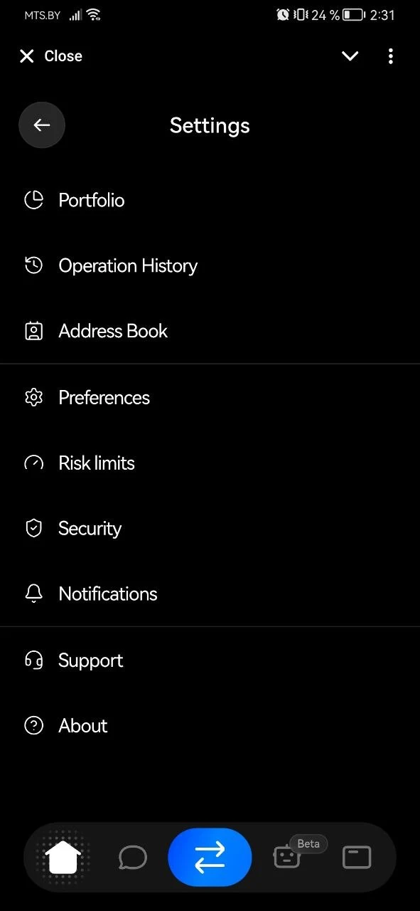La section des paramètres du compte dans l'application Sparkling.
