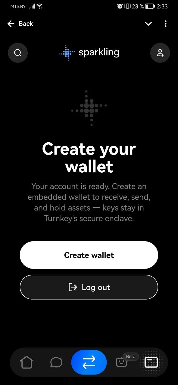 Écran de connexion au portefeuille dans l'application Sparkling.